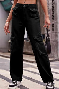 City Spritz Buttoned Cargo Cargo Pants Trendsi Black S 