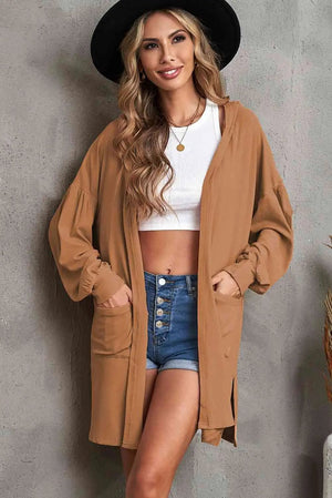 Open Front Hooded Longline Cardigan with Pockets Hoodies Trendsi   