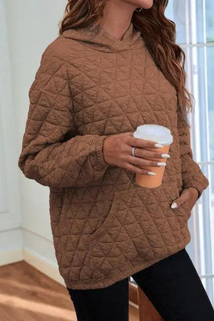 Quilted Long Sleeve Hoodie with Pocket Hoodies Trendsi Chestnut S 