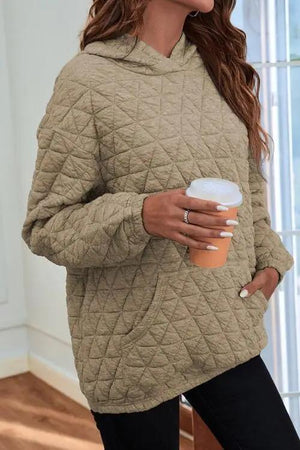 Quilted Long Sleeve Hoodie with Pocket Hoodies Trendsi Khaki S 