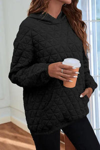 Quilted Long Sleeve Hoodie with Pocket Hoodies Trendsi Black S 